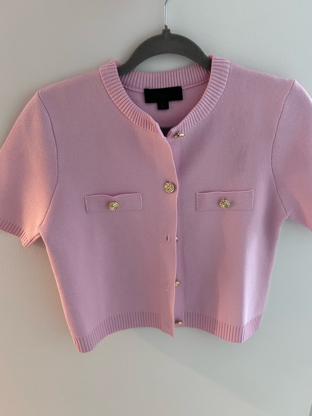 Zara Light Pink Short Sleeve Knit Top with Gold Buttons